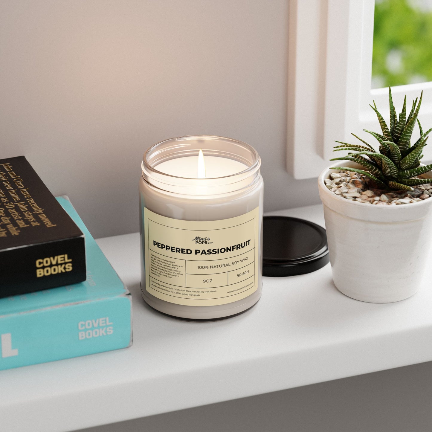 9oz Peppered Passionfruit Soy Candle on wooden table with cozy decor