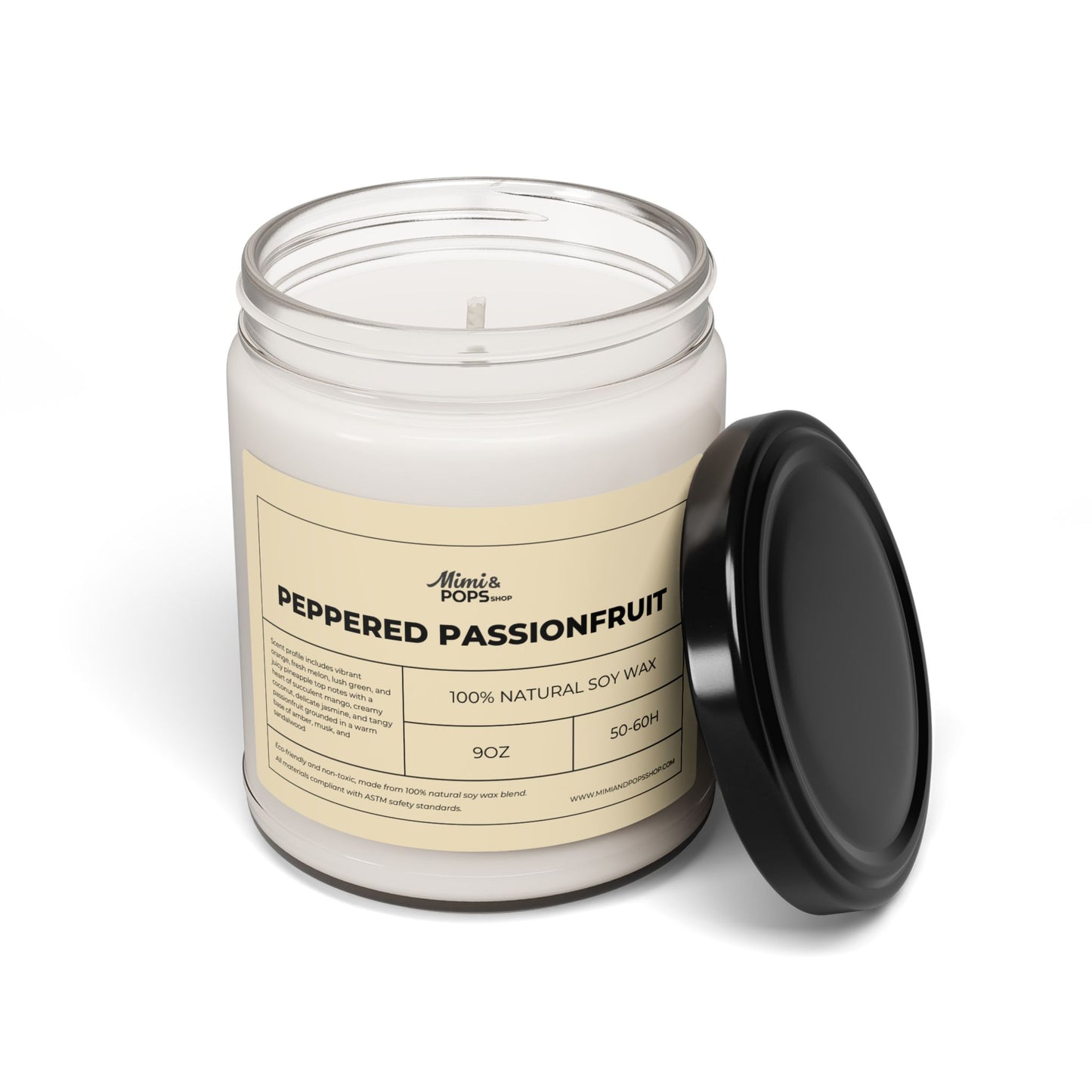 Close-up of Peppered Passionfruit Soy Candle showing smooth soy wax and cotton wick