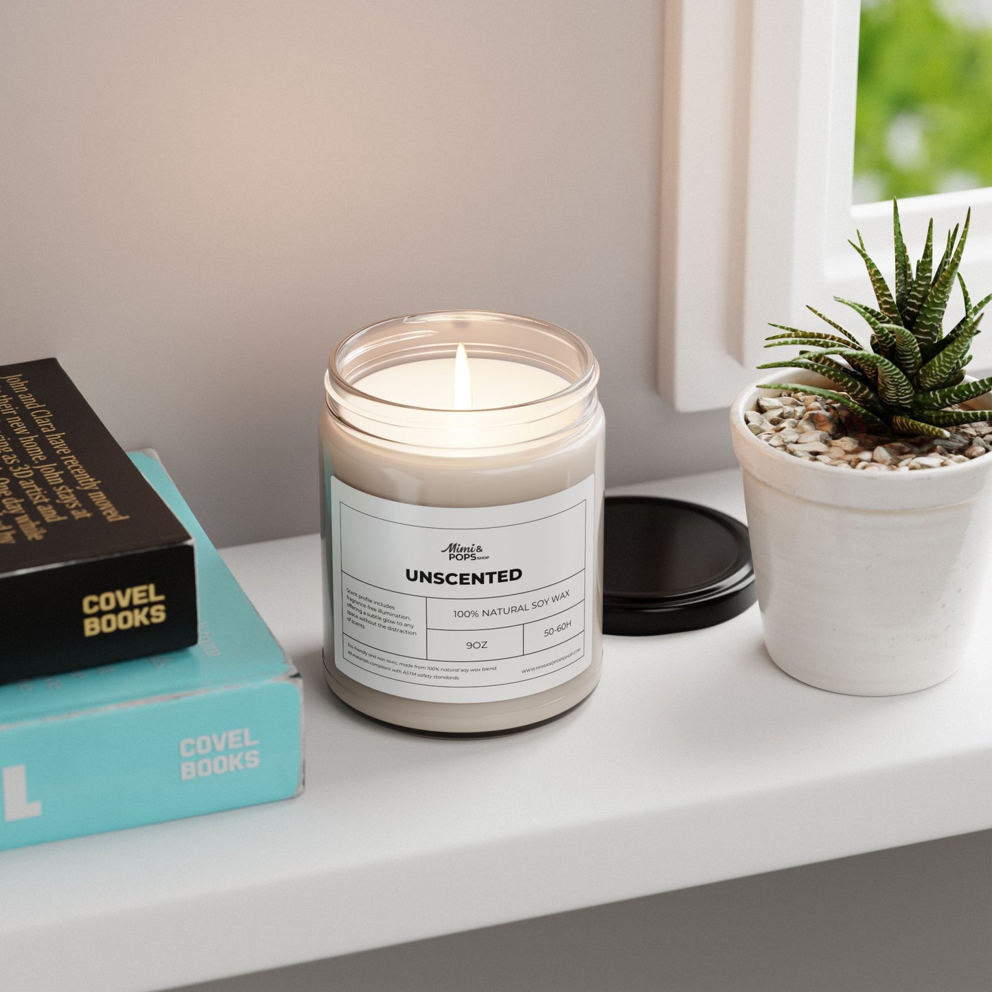 9oz Unscented Soy Candle on wooden table with cozy home decor