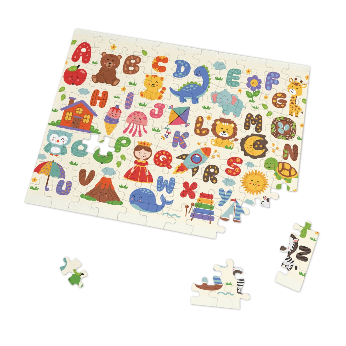 ABC-themed kids puzzle laid out in playroom, perfect for screen-free learning