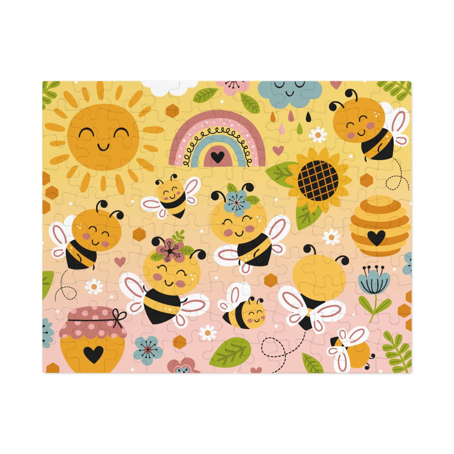 Bee Happy kids puzzle with cheerful bugs and flowers illustration