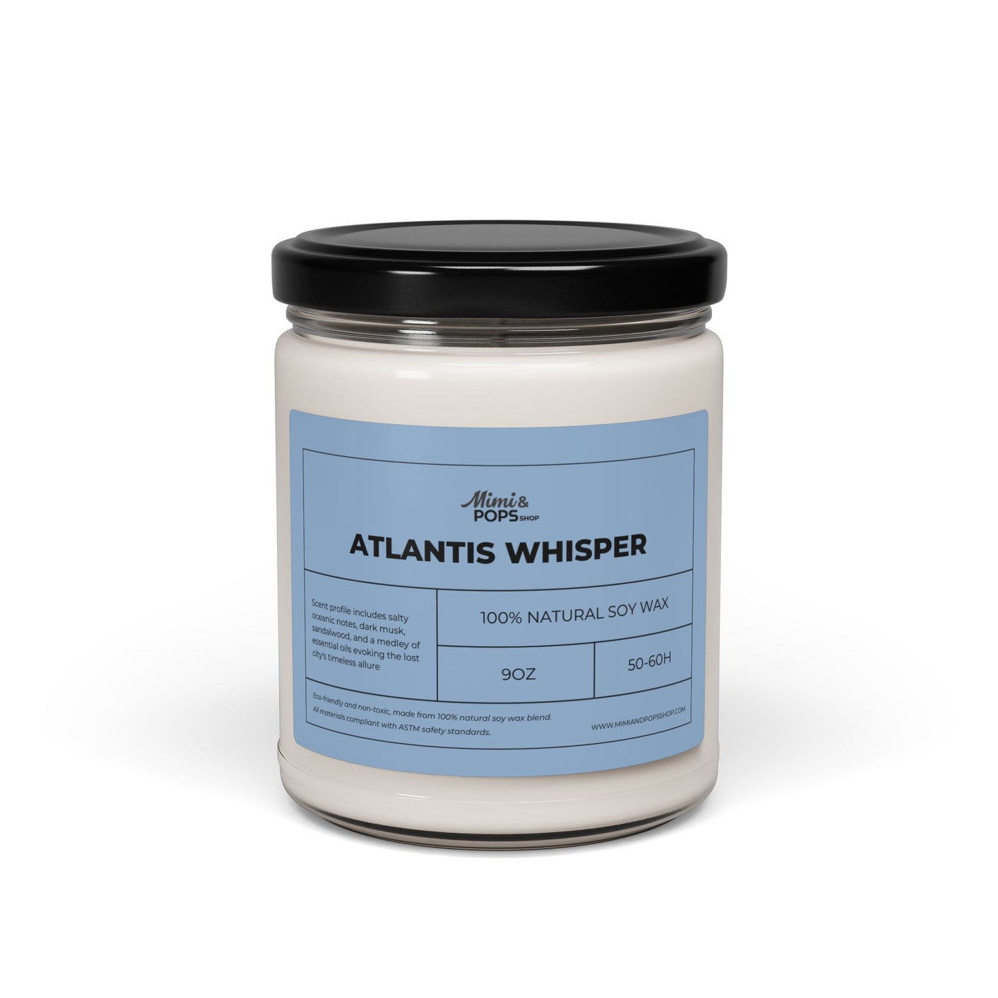 Atlantis Whisper Scented Soy Candle – 9oz glass jar with black lid