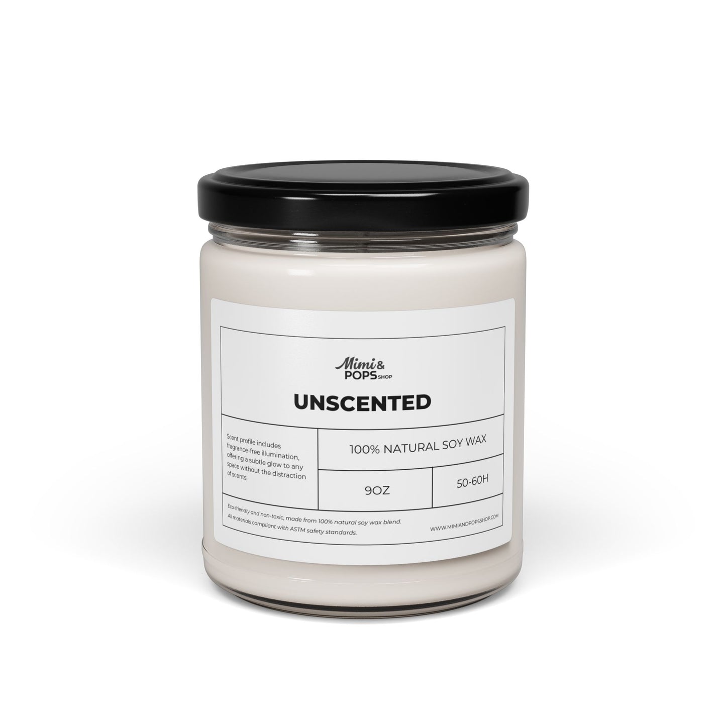 Unscented Soy Candle – 9oz white wax in clear glass jar with black lid
