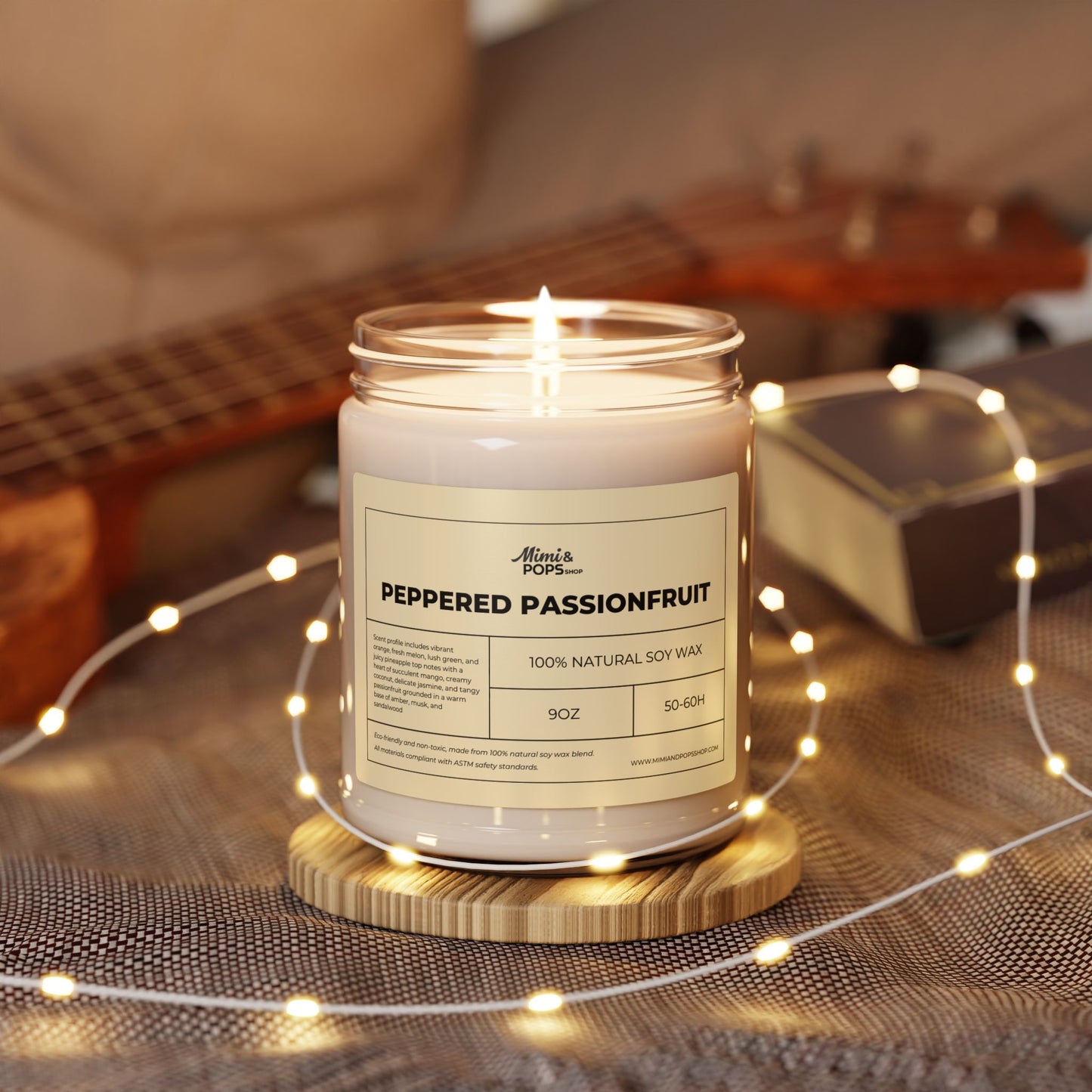 9oz Peppered Passionfruit Soy Candle on wooden table with cozy decor