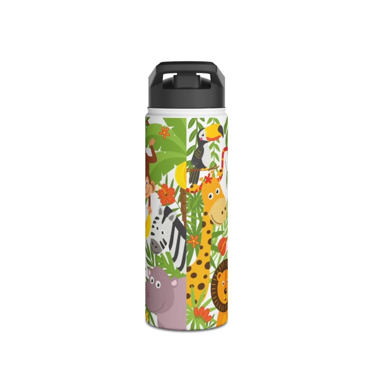 Custom stainless steel water bottle featuring jungle-themed illustrations and child's name