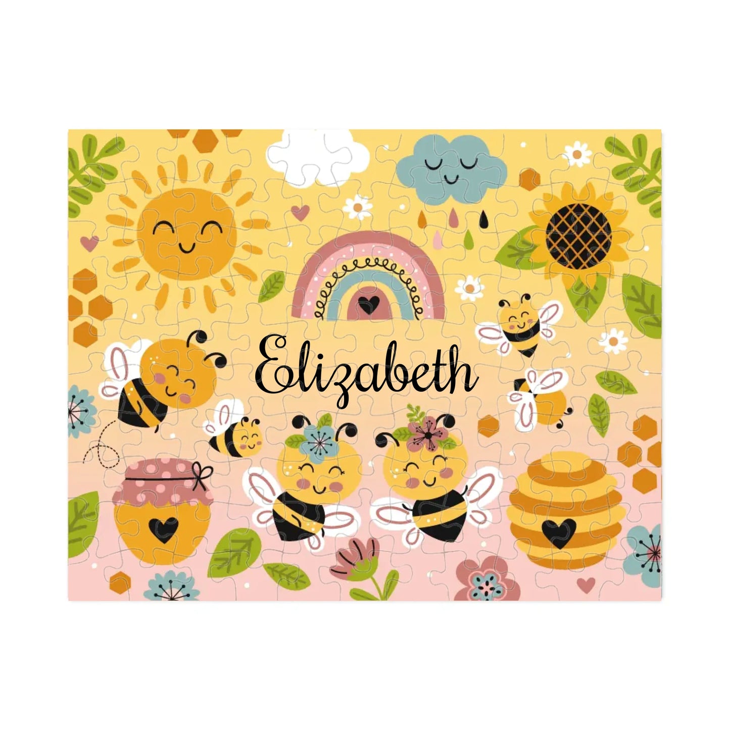 custom name puzzle for toddlers with cheerful bees and flowers