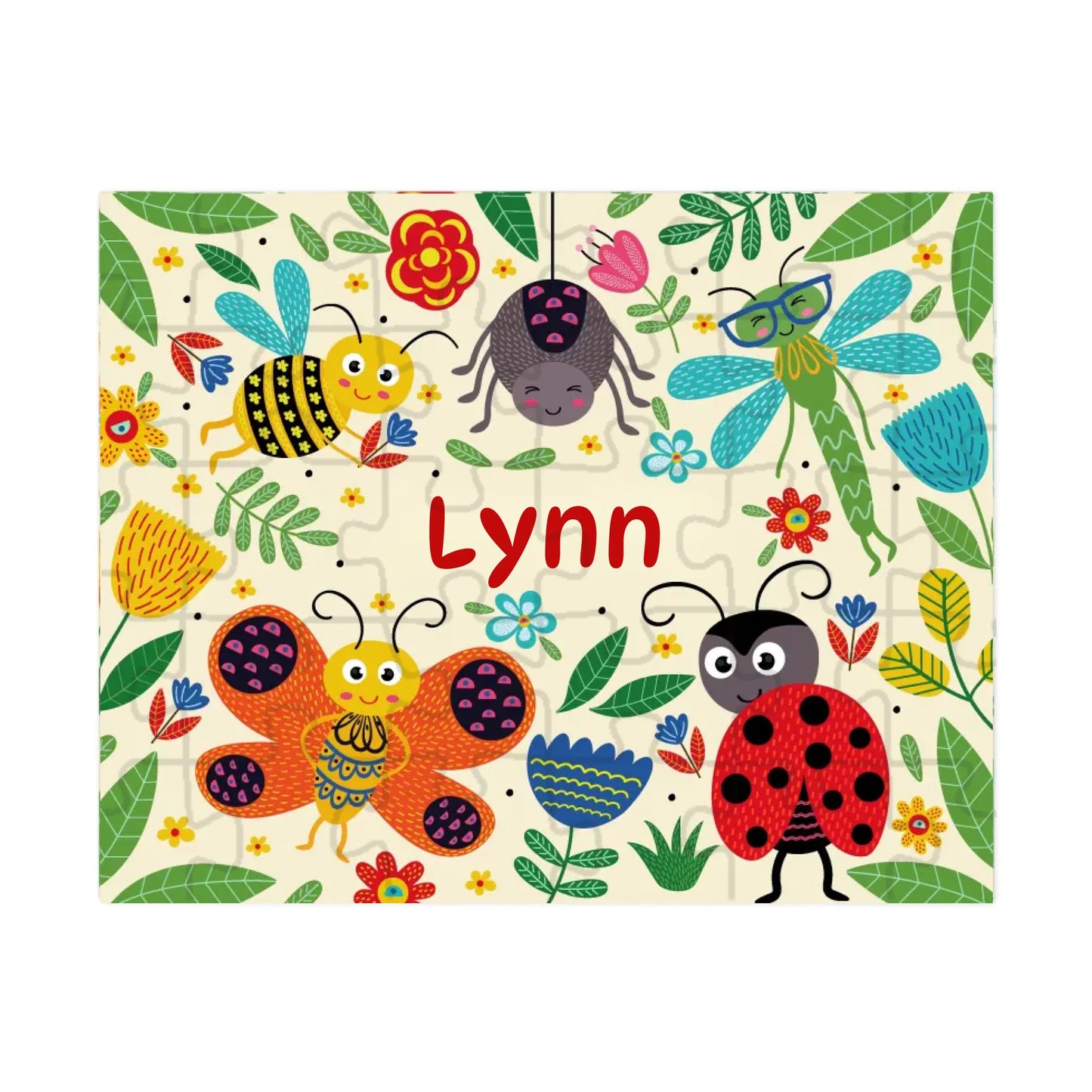 Custom kids name puzzle – backyard bug scene with colorful bugs and flowers