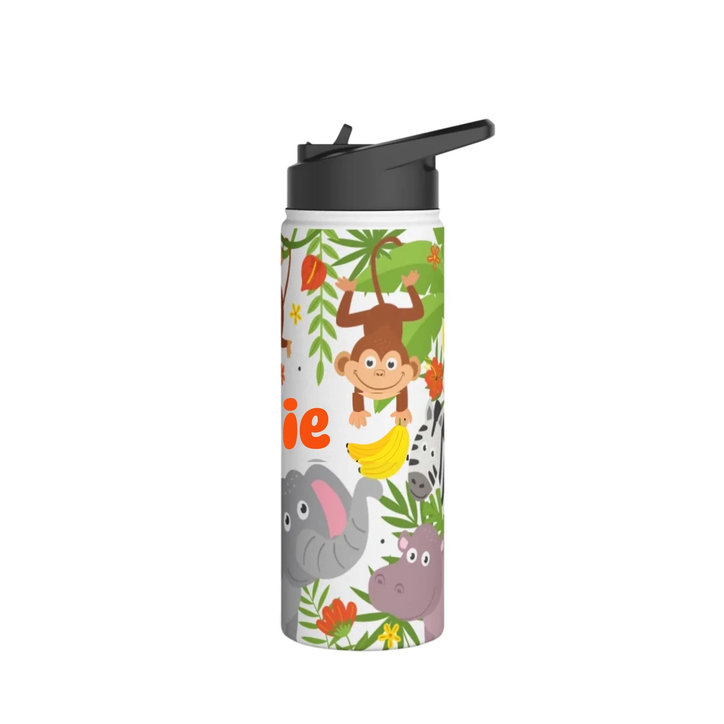 Custom stainless steel water bottle featuring jungle-themed illustrations and child's name