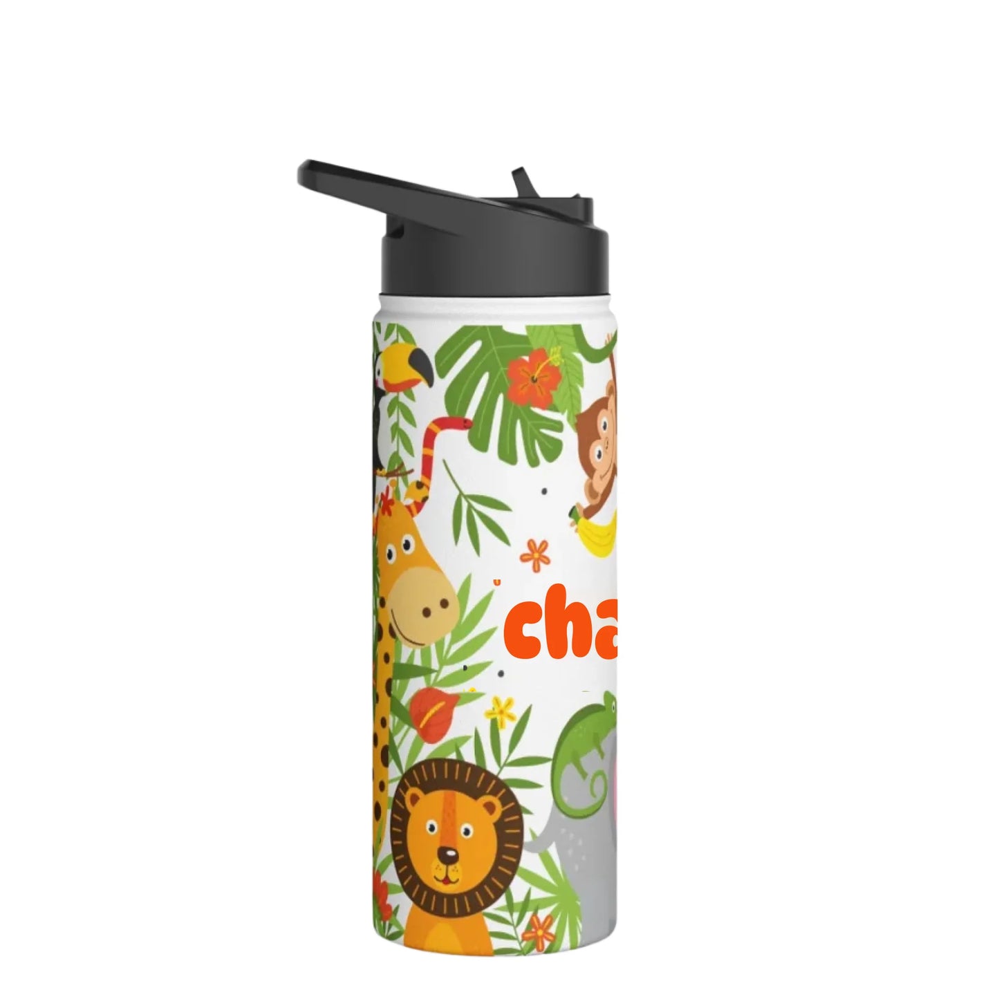 Personalized 18 oz kids tumbler with jungle animals – monkey, elephant, chameleon