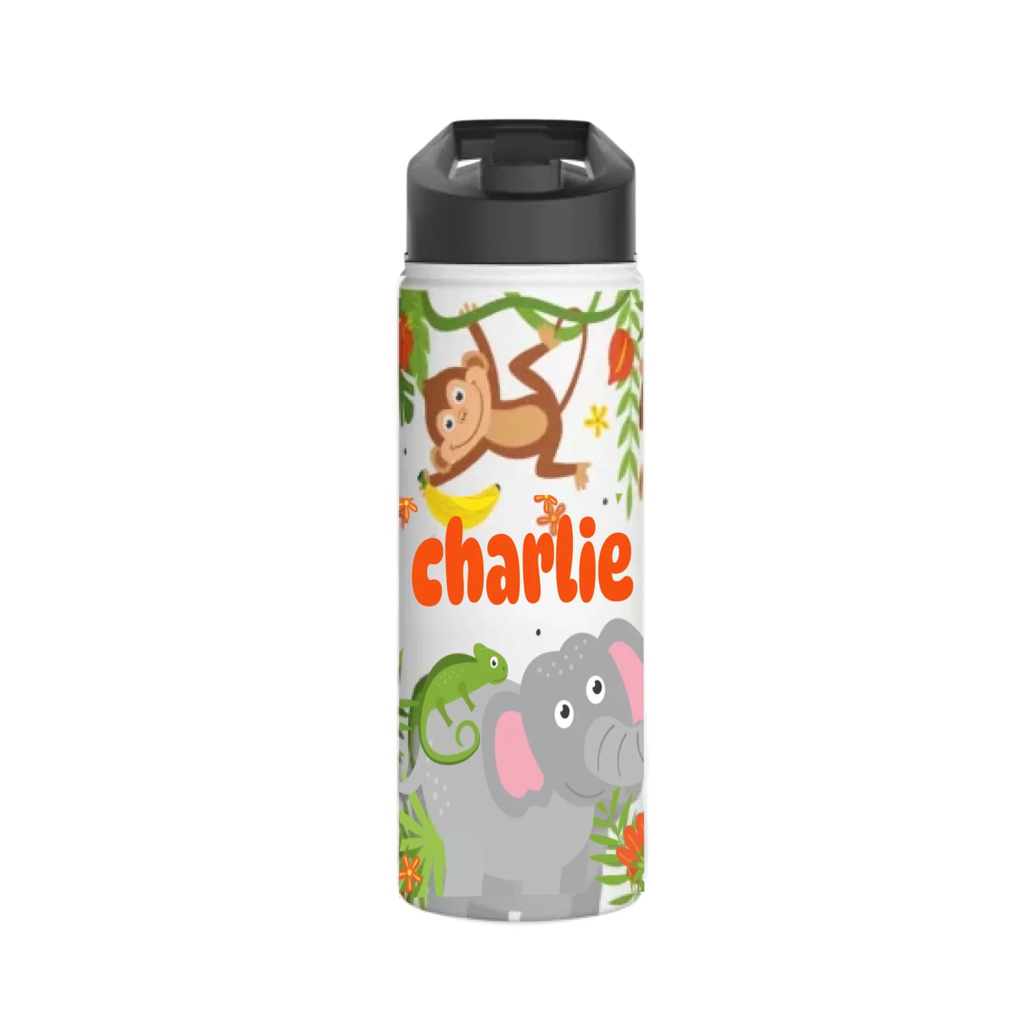Personalized 18 oz kids tumbler with jungle animals – monkey, elephant, chameleon