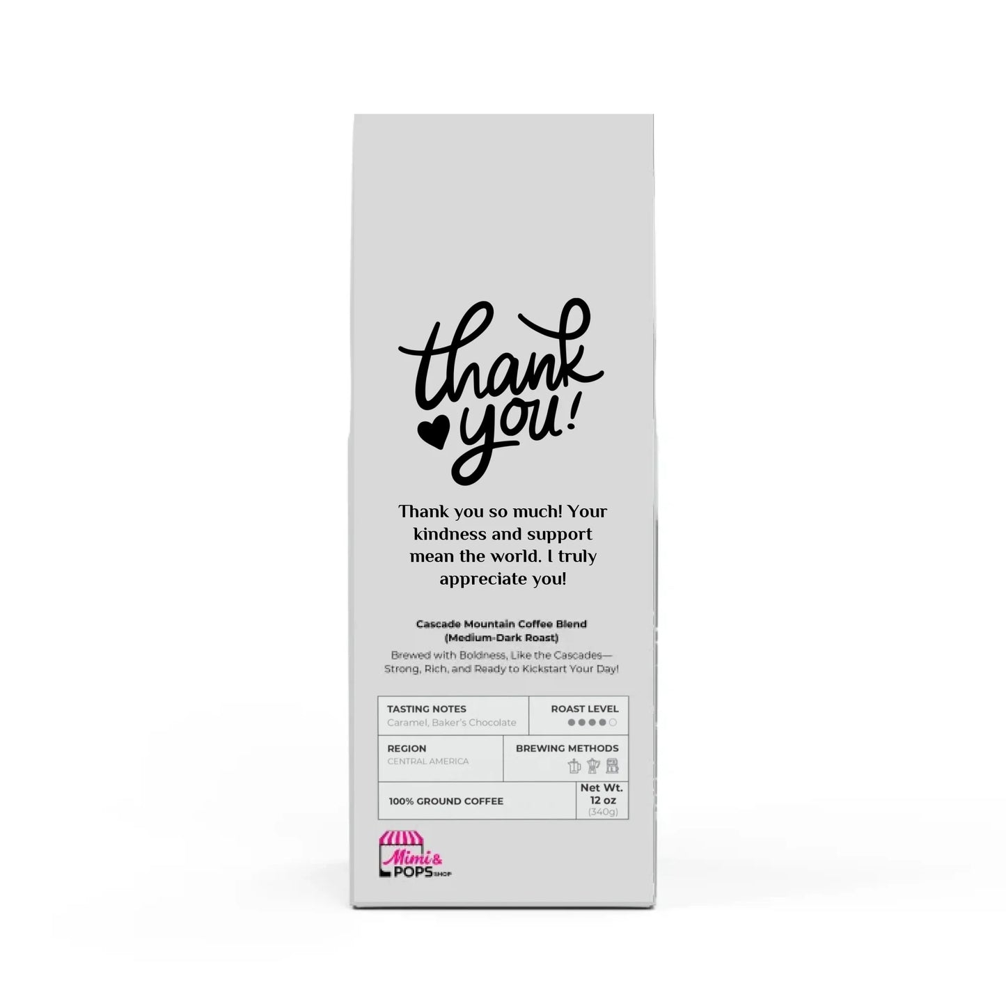 Cascade Coffee Blend 12oz bag with personalized label