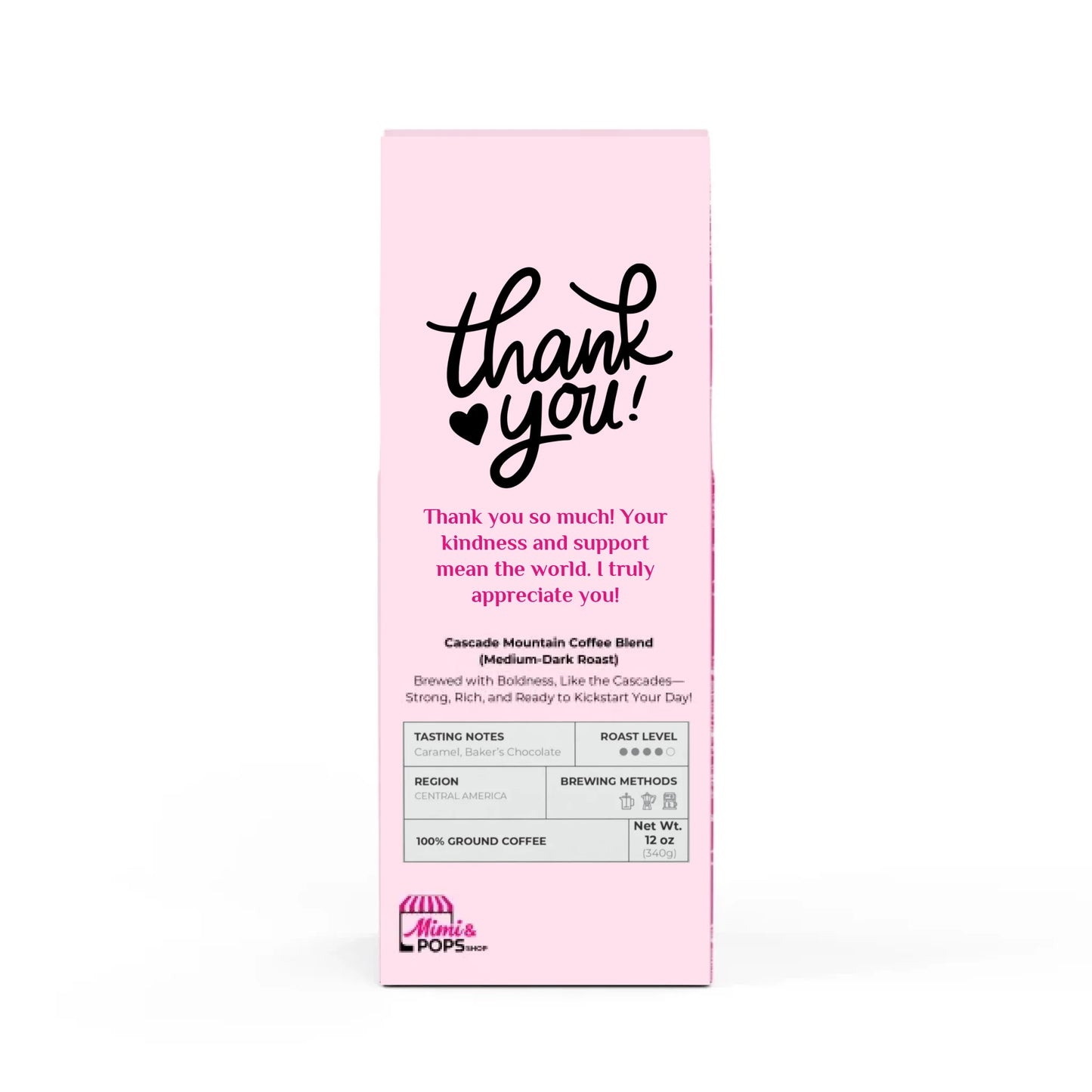 Cascade Coffee Blend 12oz bag with personalized label