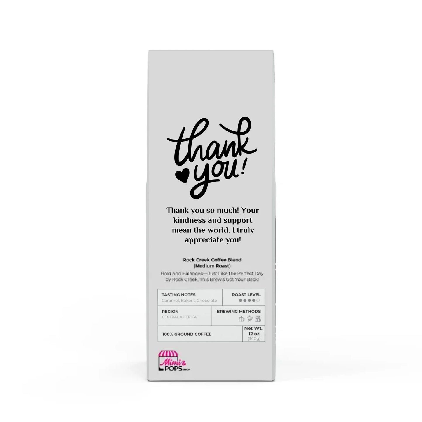Rock Creek Coffee Blend 12oz bag with personalized label