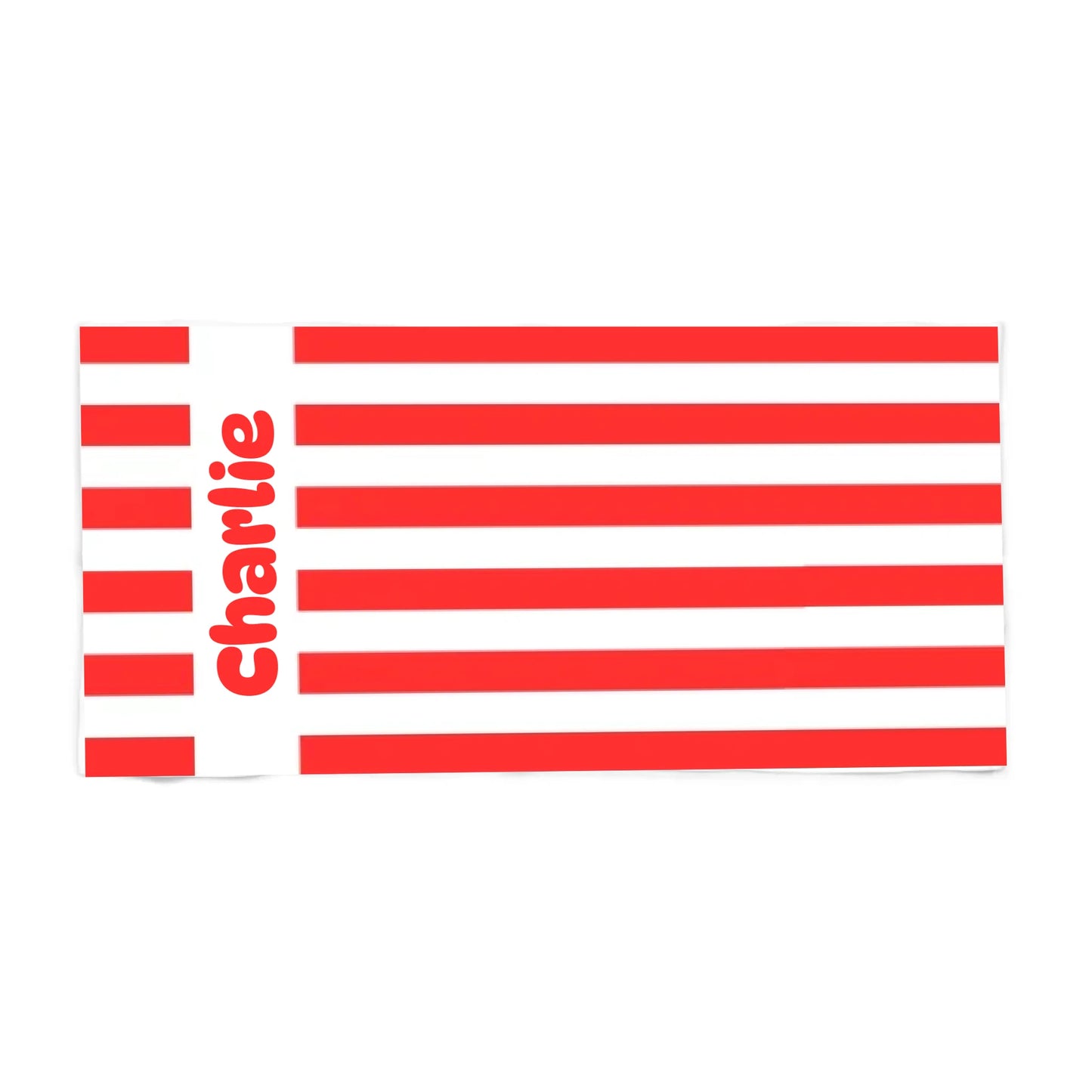 custom name beach towel with red and white stripes