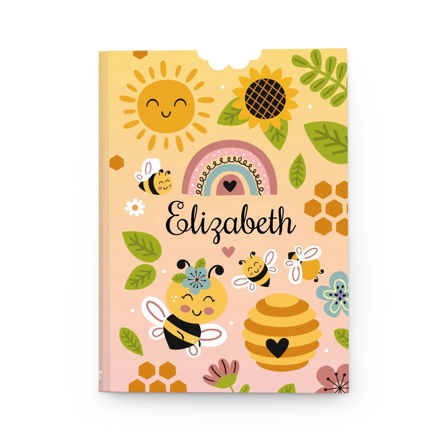 Bee Happy Personalized Hardback Journal front cover with cheerful bees, sunflowers, and rainbows