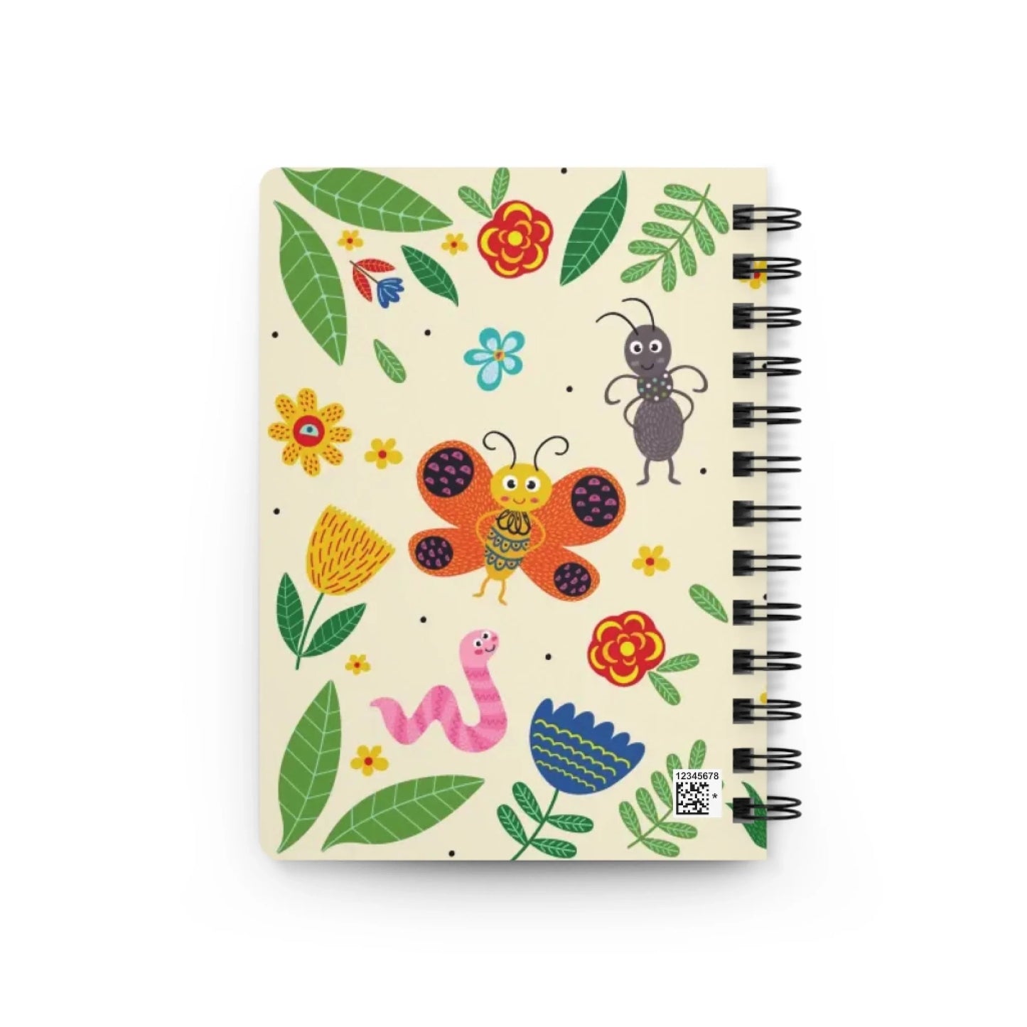 Children's personalized spiral notebook with cheerful insect-themed illustrations