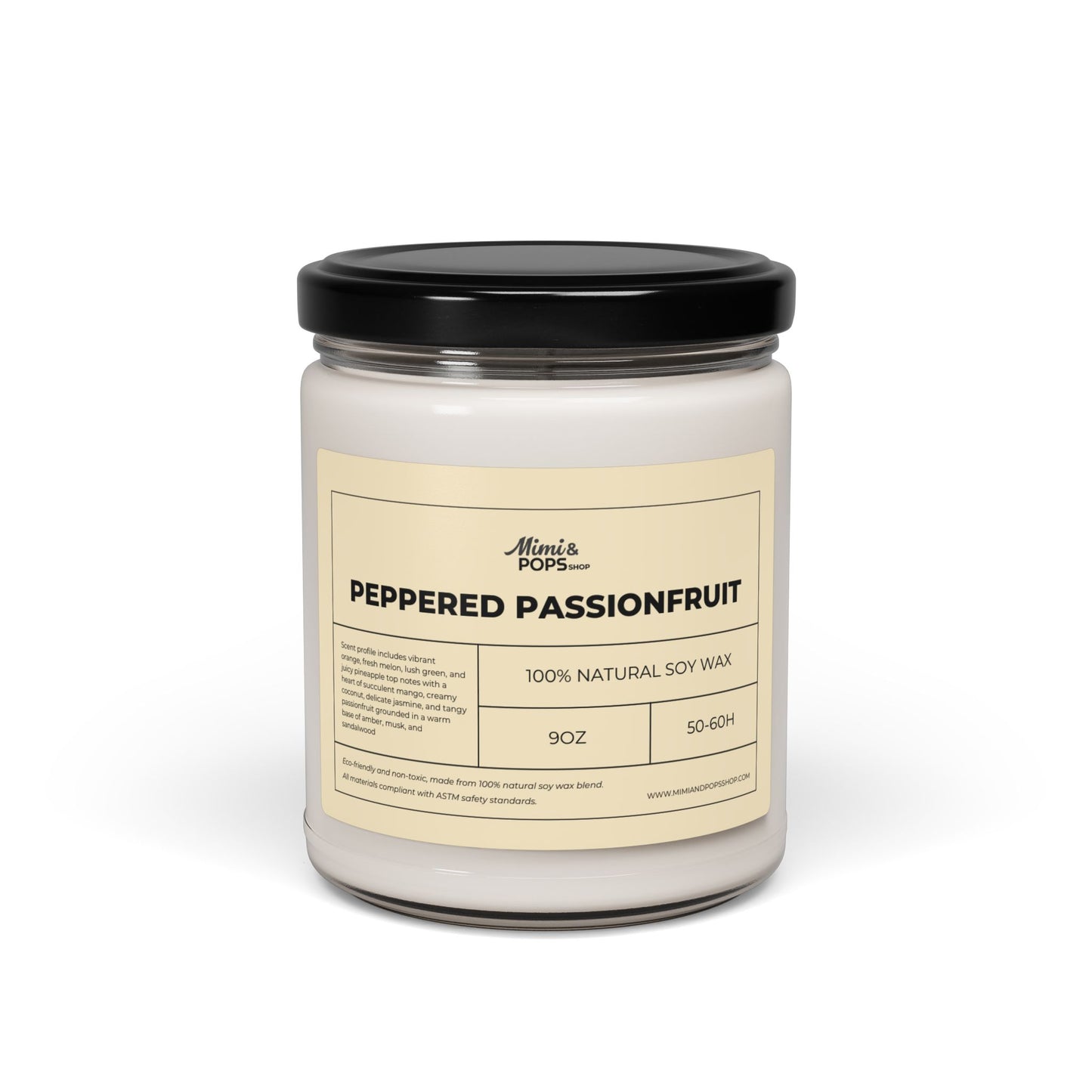 Peppered Passionfruit Scented Soy Candle – 9oz glass jar with black lid