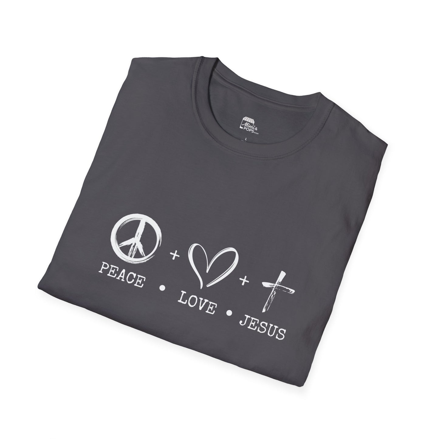 Gray unisex softstyle t-shirt with white 'Child of God' distressed print, laid flat