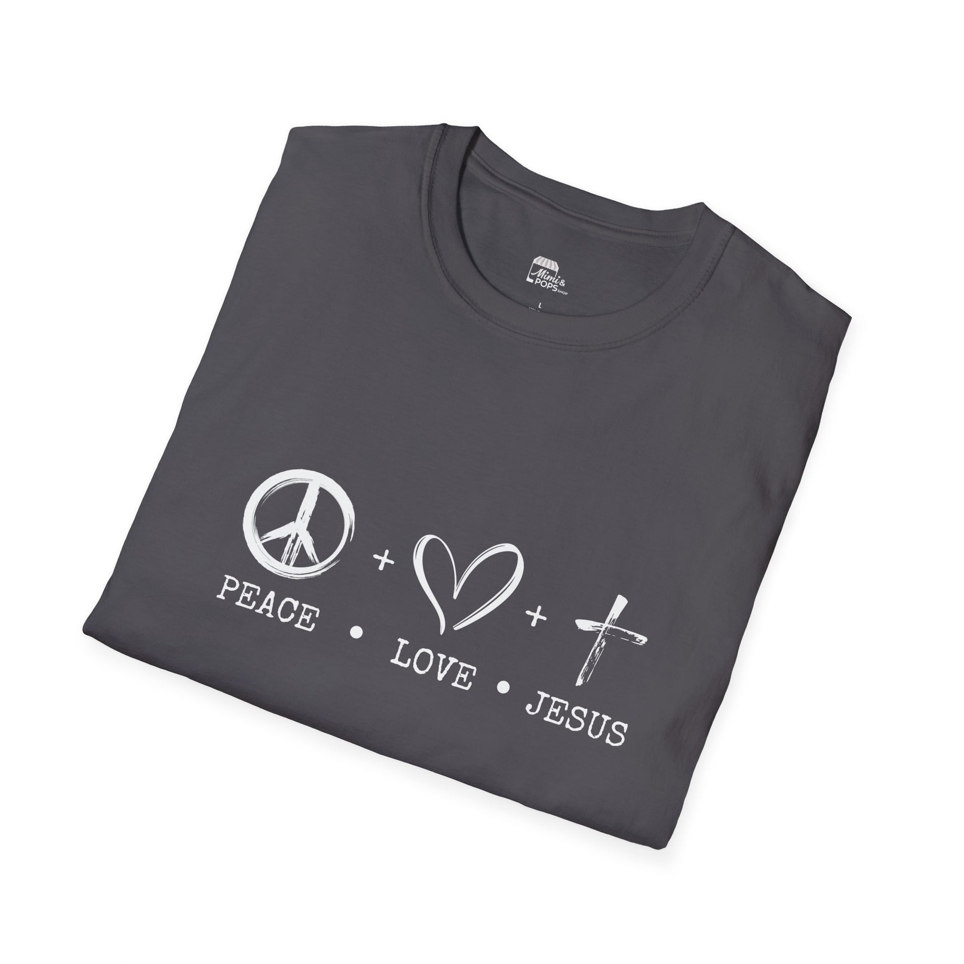 Gray unisex softstyle t-shirt with white 'Child of God' distressed print, laid flat