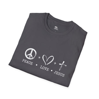 Gray unisex softstyle t-shirt with white 'Child of God' distressed print, laid flat