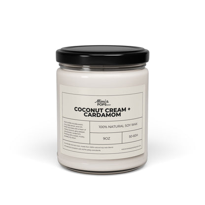 Coconut Cream and Cardamom Scented Soy Candle – 9oz glass jar with black lid