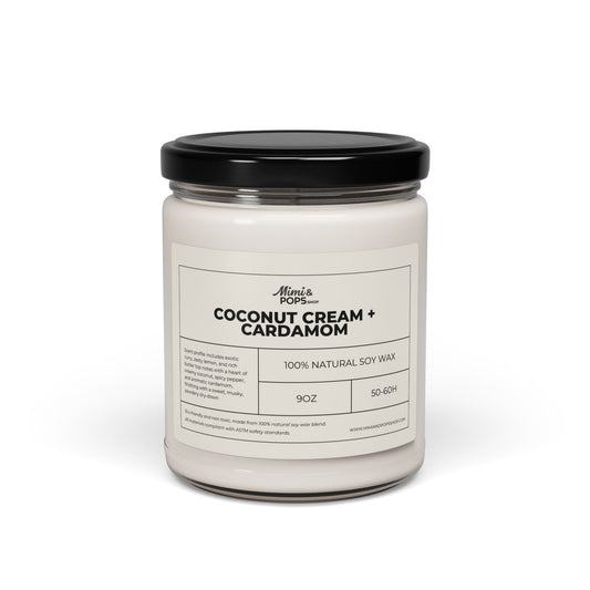 Coconut Cream and Cardamom Scented Soy Candle – 9oz glass jar with black lid