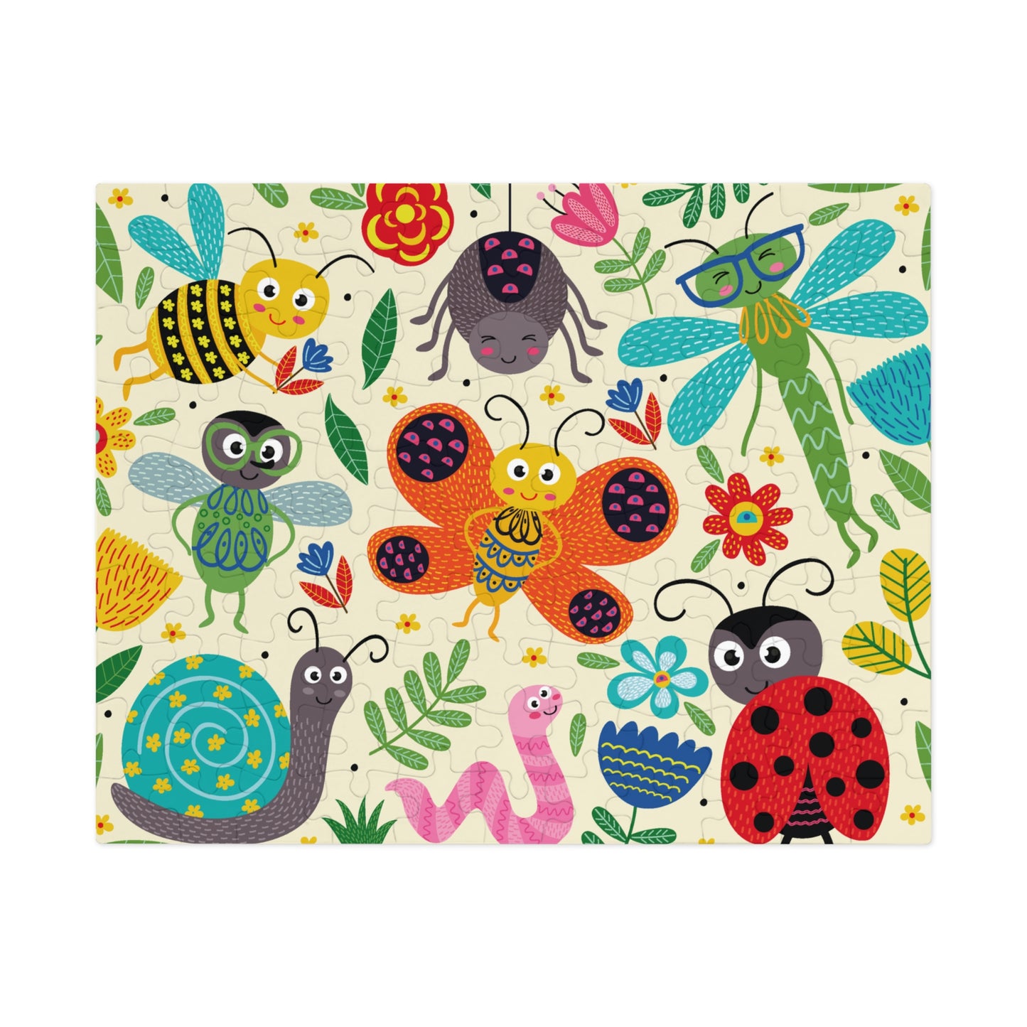 Colorful bug-themed kids jigsaw puzzle with cheerful insects and nature scenery