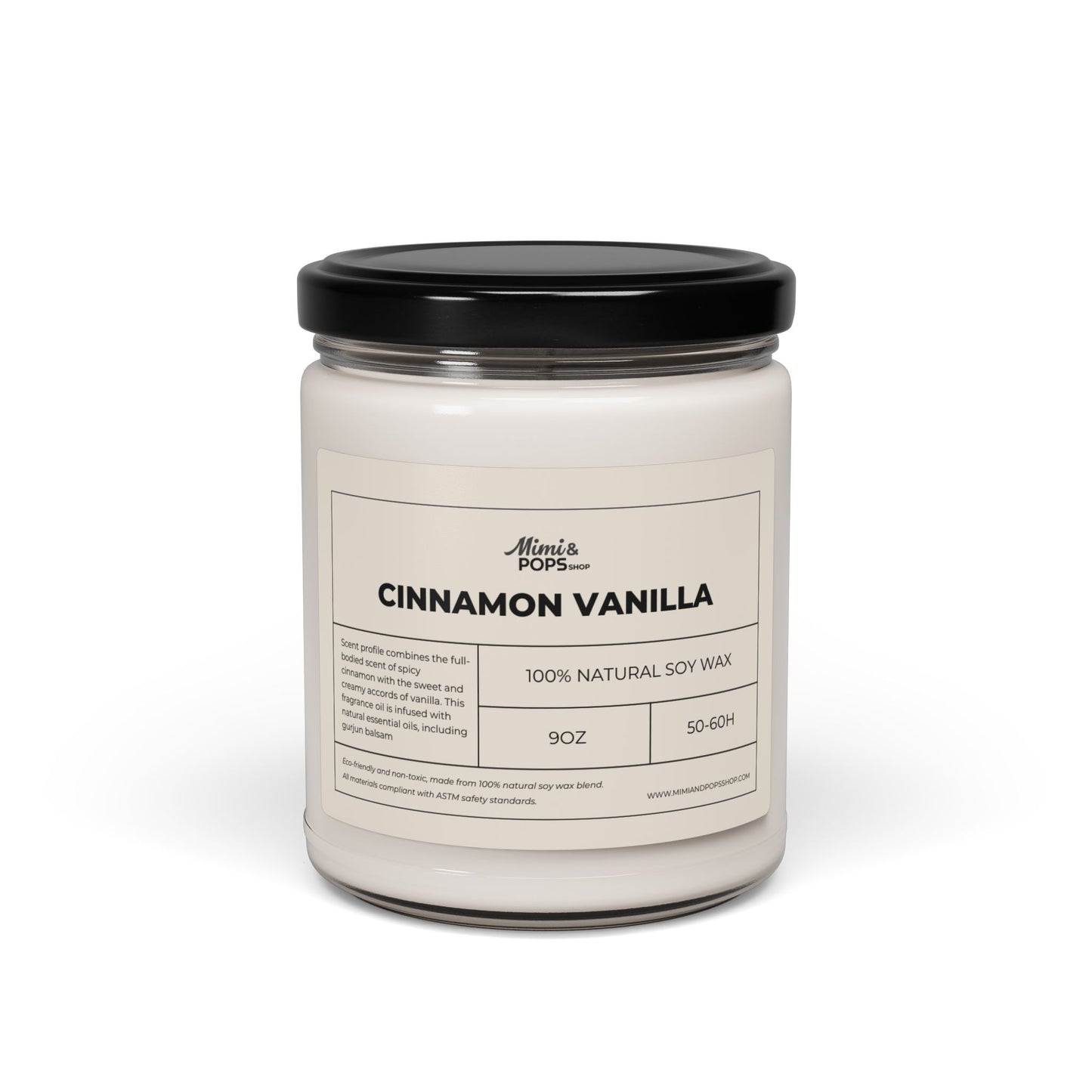 Cinnamon Vanilla Scented Soy Candle – 9oz glass jar with black lid