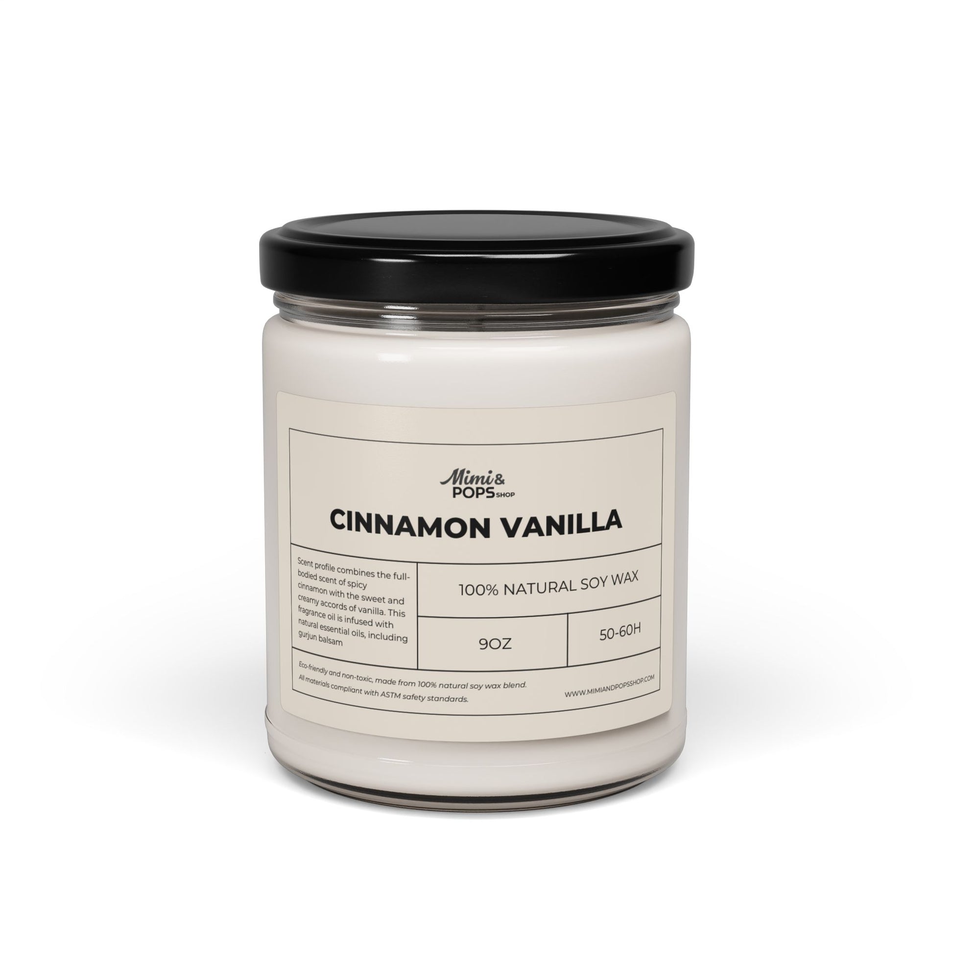 Cinnamon Vanilla Scented Soy Candle – 9oz glass jar with black lid