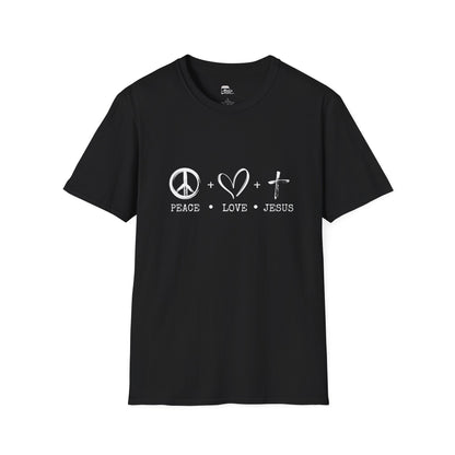 Black unisex softstyle t-shirt with white 'Child of God' distressed print, laid flat