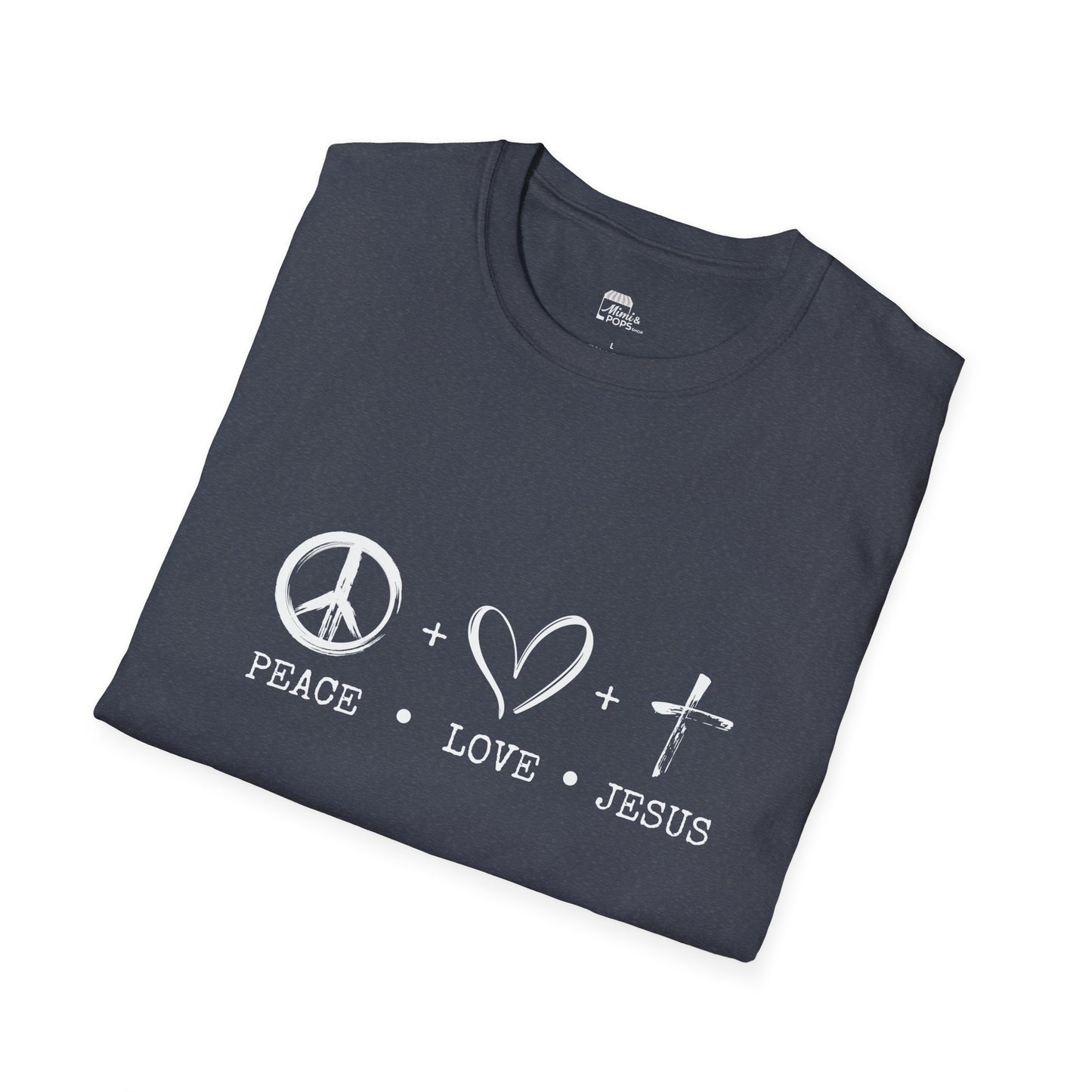 Close-up of white 'Child of God' distressed lettering on gray soft cotton fabric