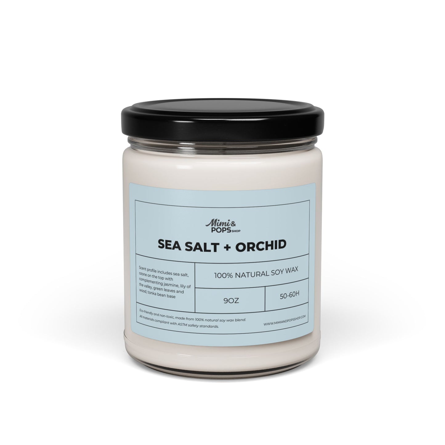 Sea Salt and Orchid Scented Soy Candle – 9oz glass jar with black lid