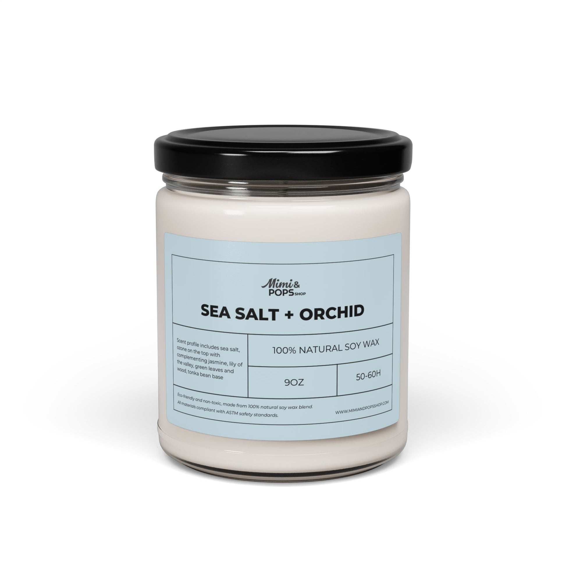 Sea Salt and Orchid Scented Soy Candle – 9oz glass jar with black lid