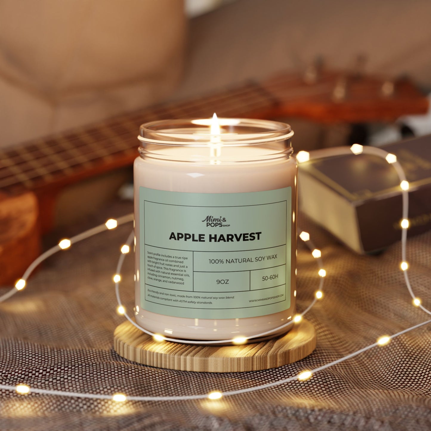 9oz Apple Harvest Soy Candle on wooden table with autumn decor