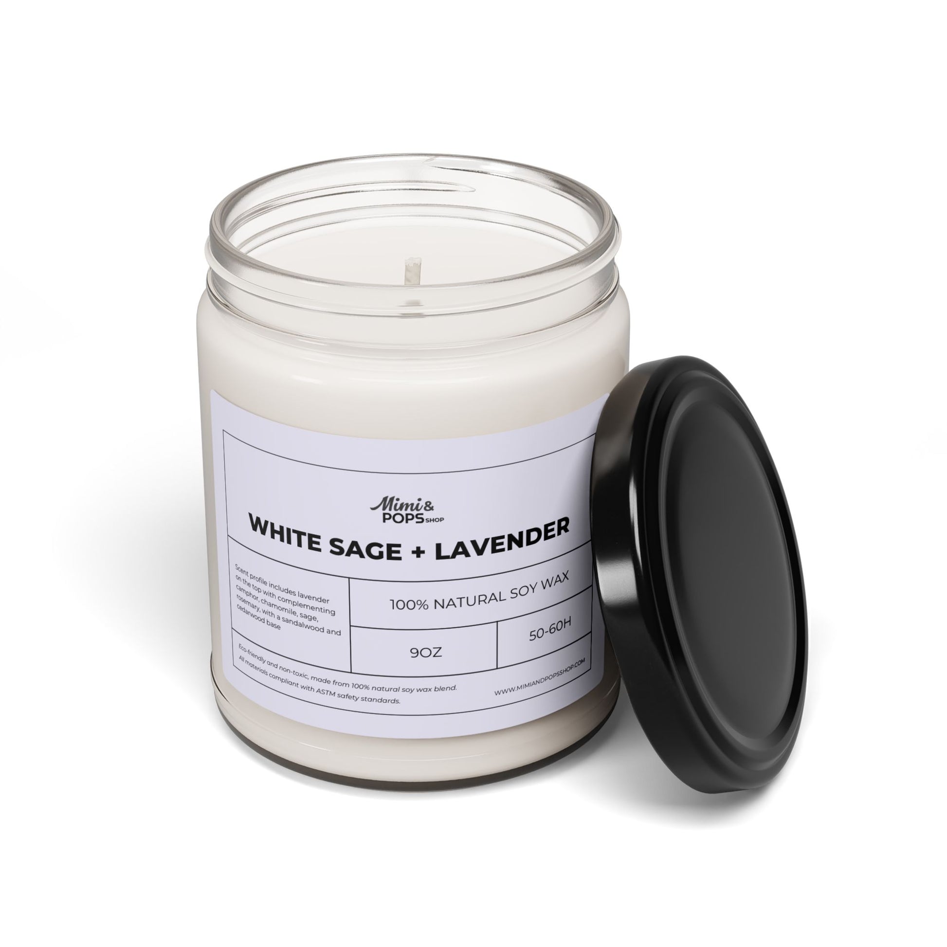 Close-up of White Sage and Lavender Soy Candle showing smooth soy wax and cotton wick