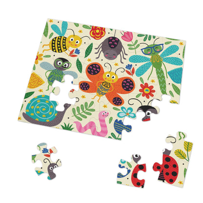 Bright puzzle pieces featuring smiling caterpillars, butterflies, bees, and ladybugs