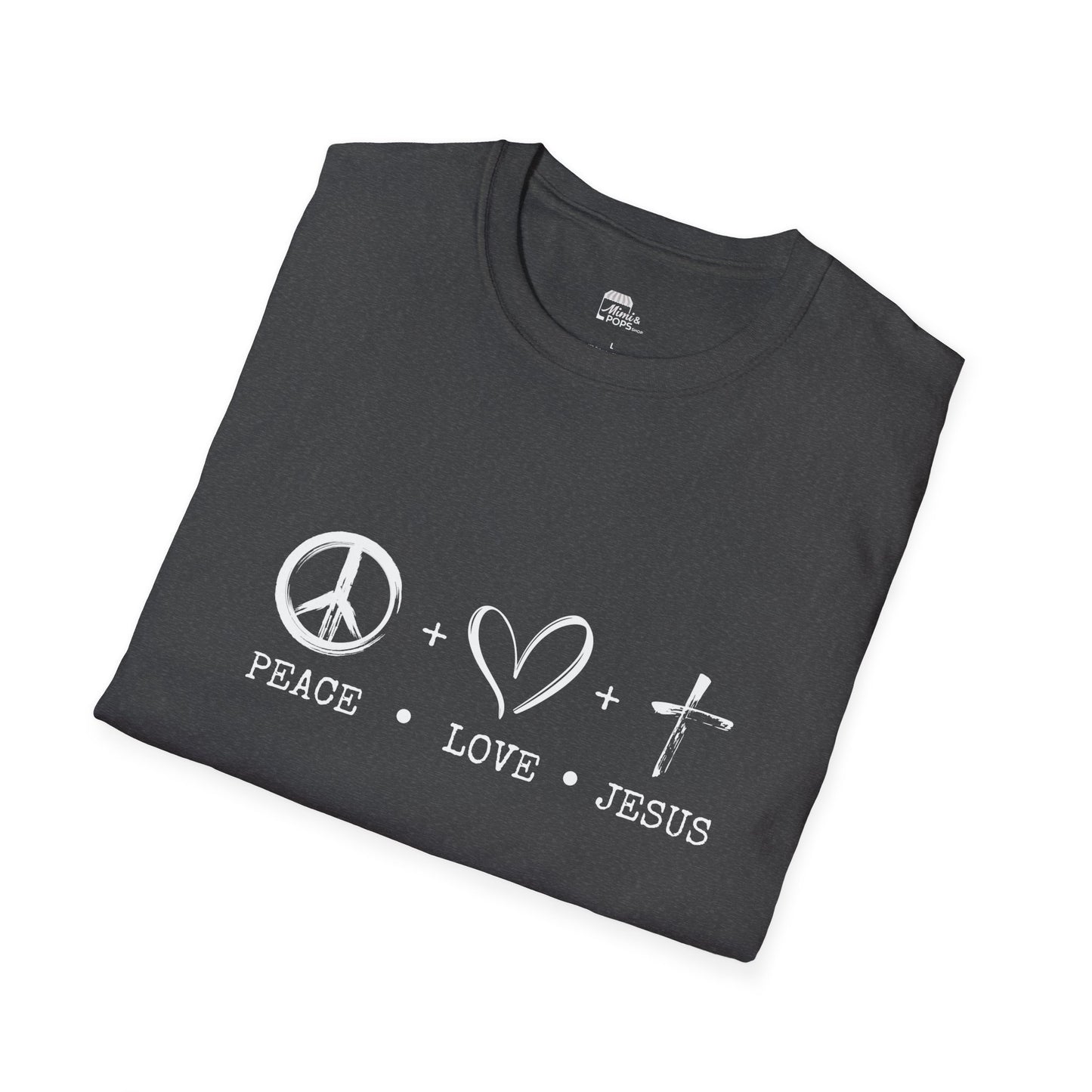Gray unisex softstyle t-shirt with white 'Child of God' distressed print, laid flat