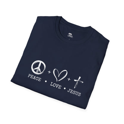 Navy unisex softstyle t-shirt with white 'Child of God' distressed print, laid flat