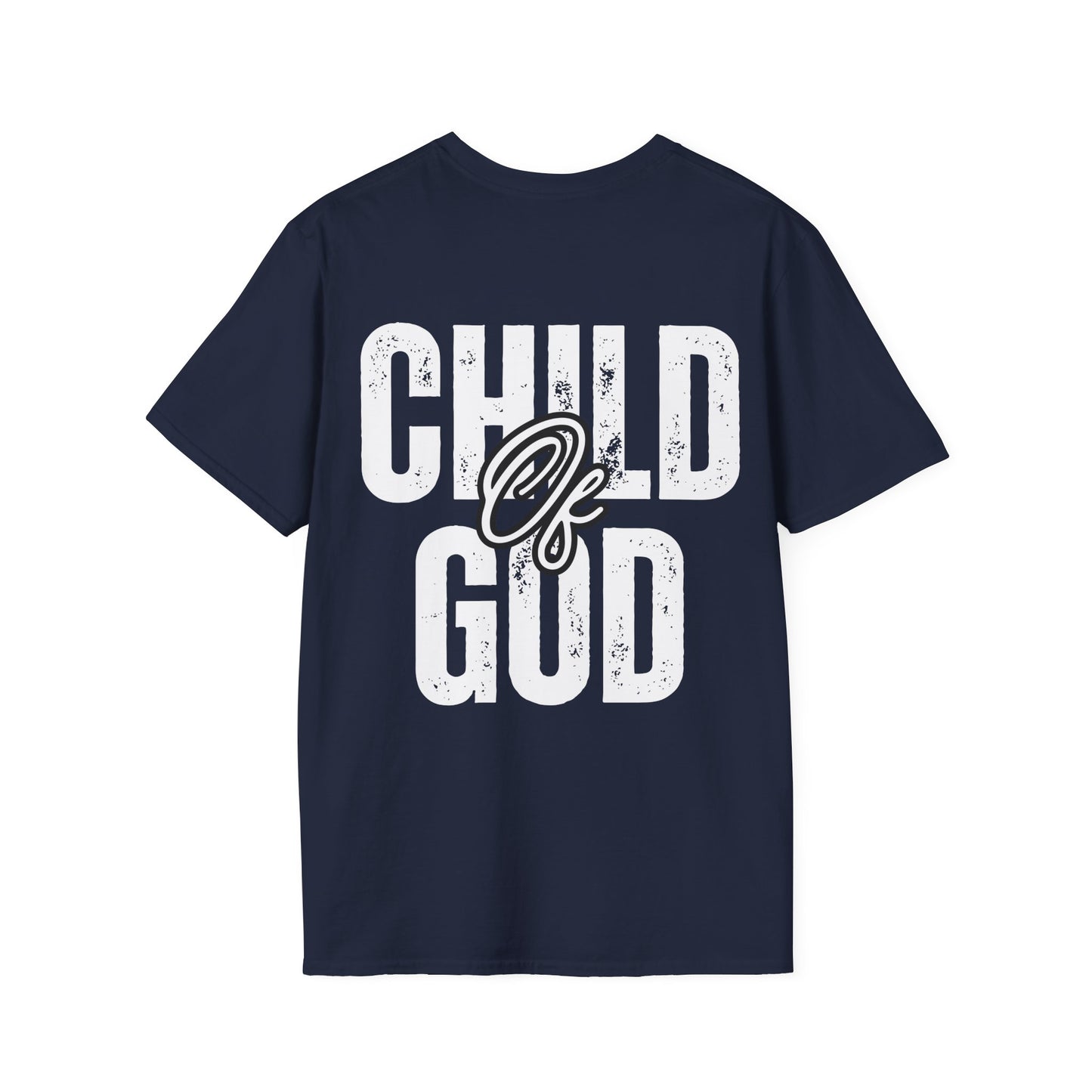 Navy unisex softstyle t-shirt with white 'Child of God' distressed print, laid flat