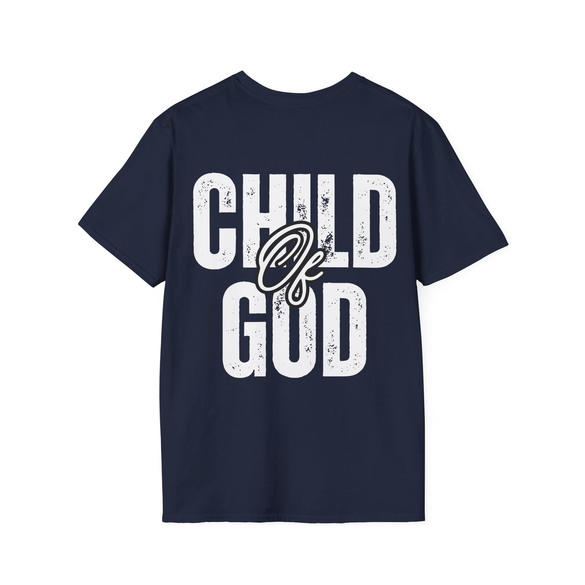 Navy unisex softstyle t-shirt with white 'Child of God' distressed print, laid flat