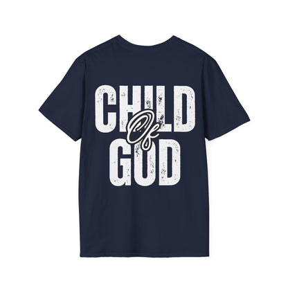 Navy unisex softstyle t-shirt with white 'Child of God' distressed print, laid flat