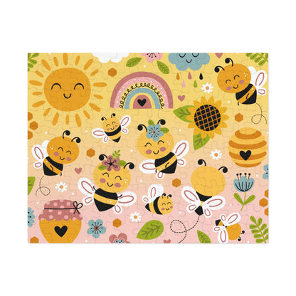 Bee Happy kids puzzle with cheerful bugs and flowers illustration