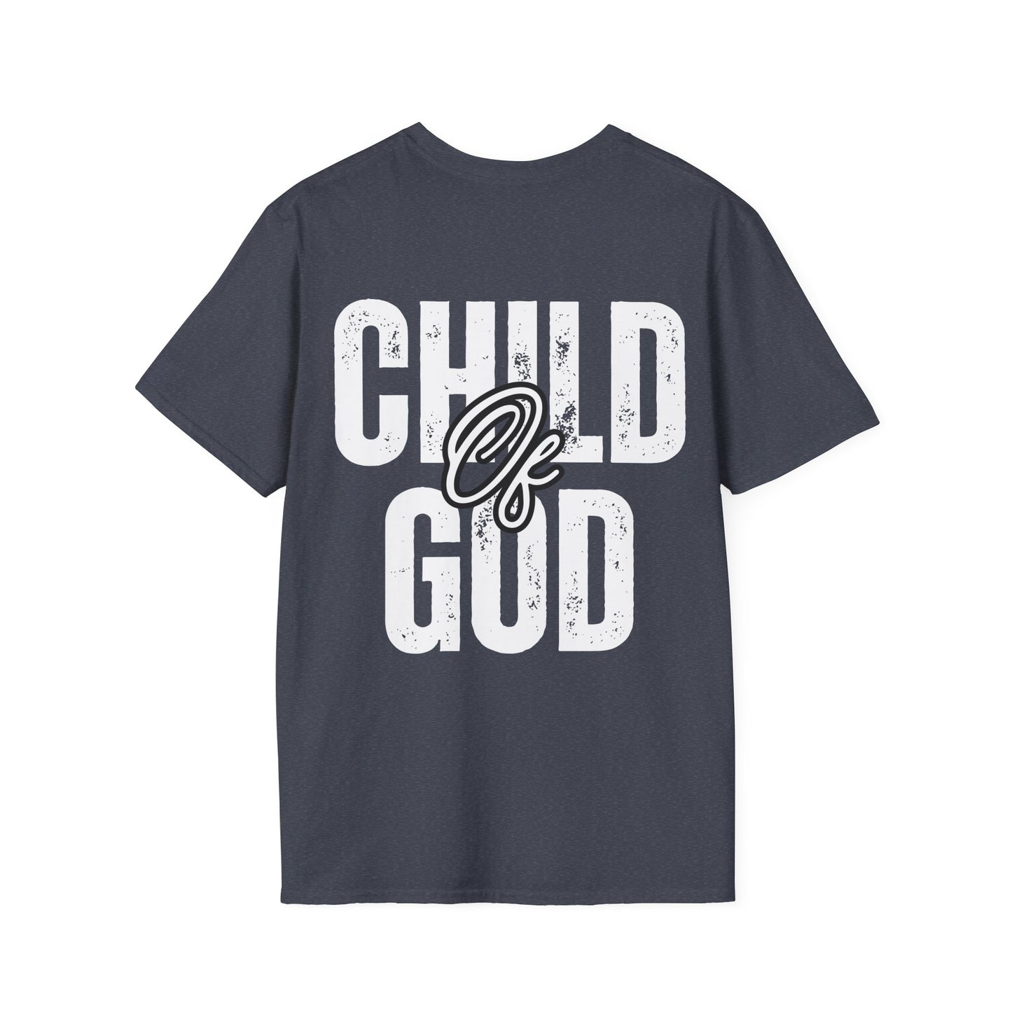 Close-up of white 'Child of God' distressed lettering on gray soft cotton fabric