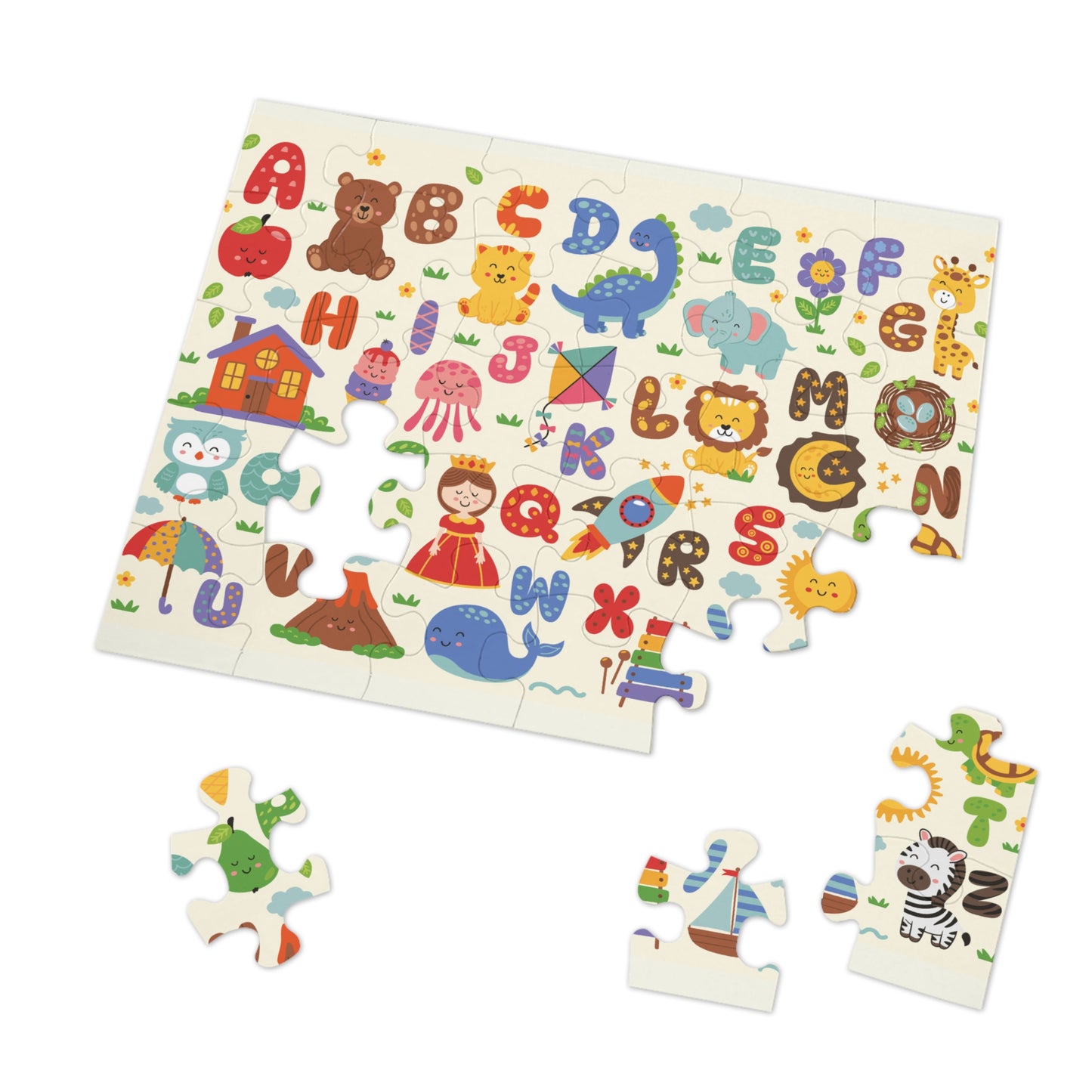 Vibrant puzzle pieces with alphabet characters and learning-friendly illustrations