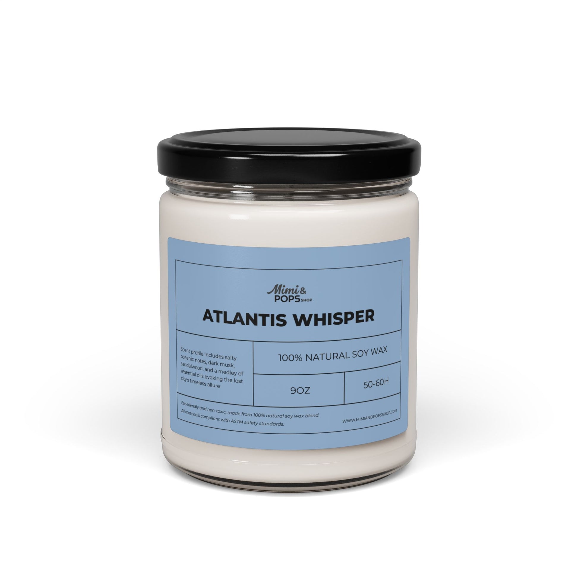 Atlantis Whisper Scented Soy Candle – 9oz glass jar with black lid