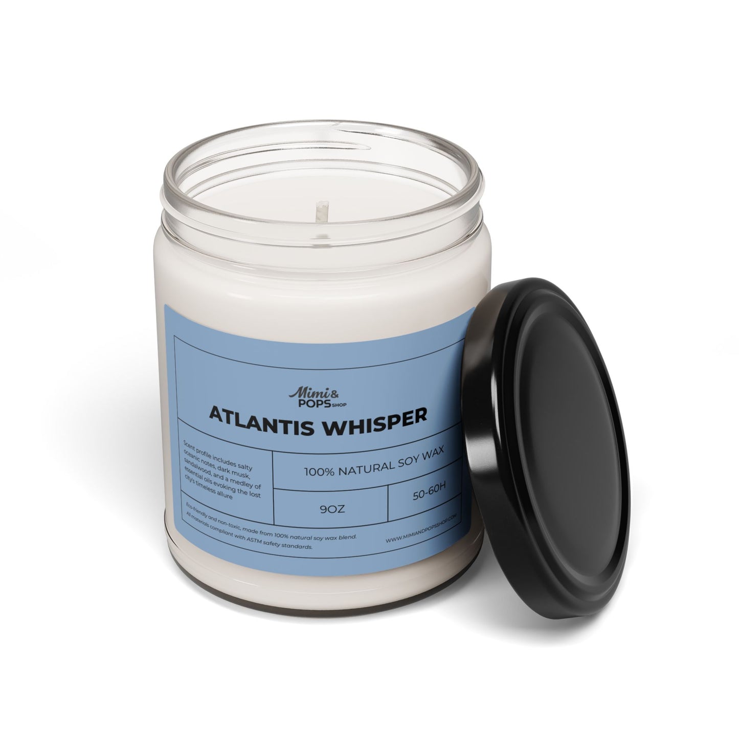 Close-up of Atlantis Whisper Soy Candle showing smooth soy wax and cotton wick