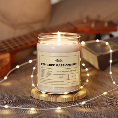 9oz Peppered Passionfruit Soy Candle on wooden table with cozy decor