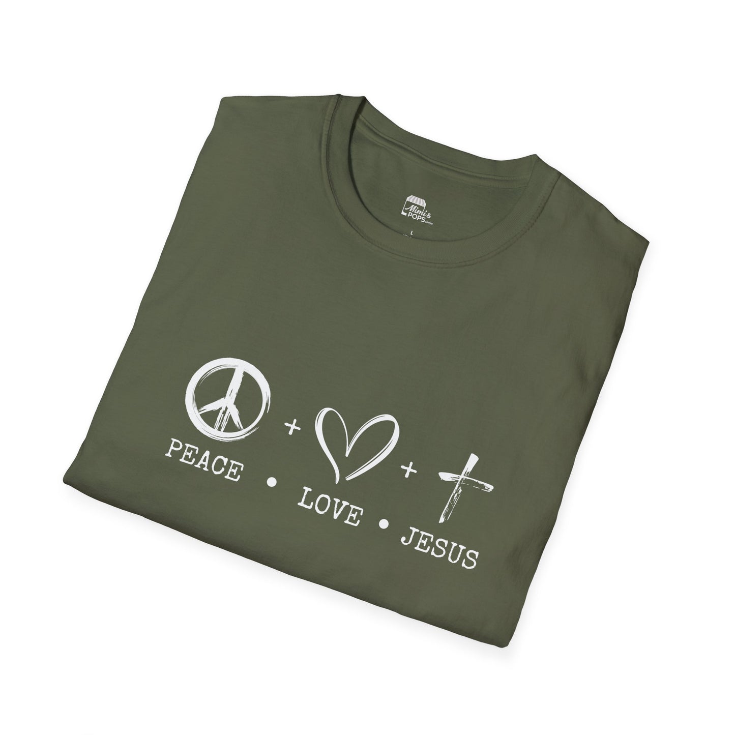 Green unisex softstyle t-shirt with white 'Child of God' distressed print, laid flat