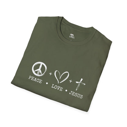 Green unisex softstyle t-shirt with white 'Child of God' distressed print, laid flat