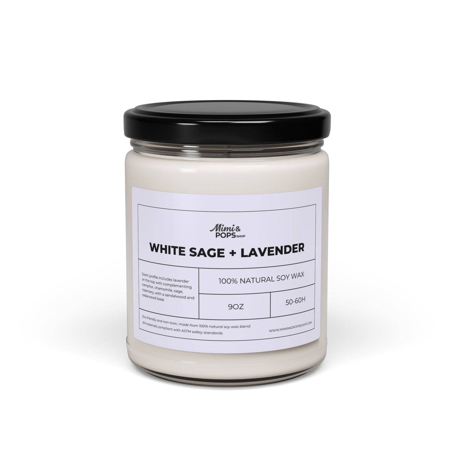 White Sage and Lavender Scented Soy Candle – 9oz glass jar with black lid